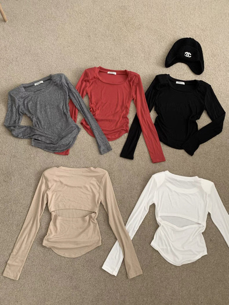 现 bubble韩代VIRKIN韩国25秋冬新时尚露背薄款修身长袖T恤