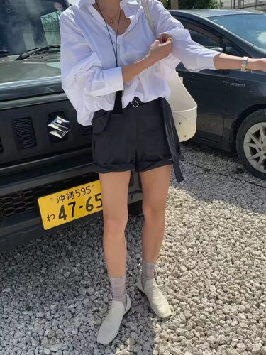 现bubble韩代tempting东大门高腰纯色含腰带直筒短裤实体秒发