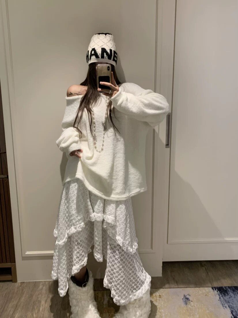 仙～bubble韩代VIRKIN 荷叶边宽松不规则蕾丝半身裙秋冬实体秒发