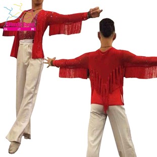 炫之舞男士动感流苏大红拉丁舞比赛服带钻表演男装练功服演出服P3