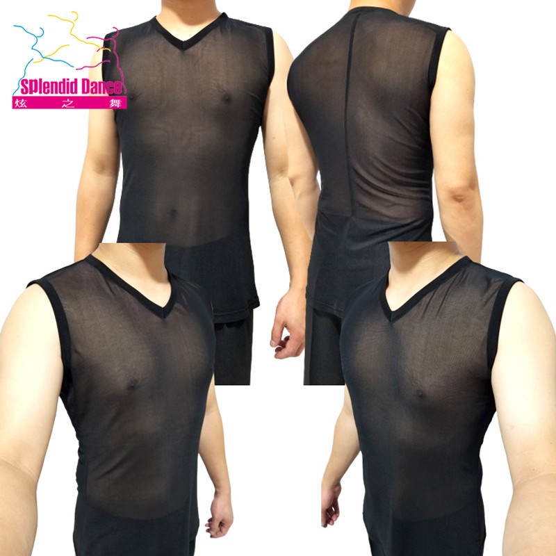 SplendidV领网纱透明舞蹈练功服拉丁舞上衣成人新款男国标服K100