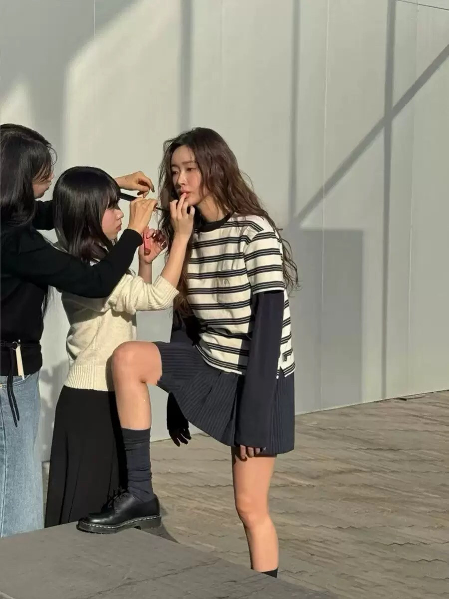 韩国gro*ve2025春季新款条纹口袋短袖长袖T恤情侣