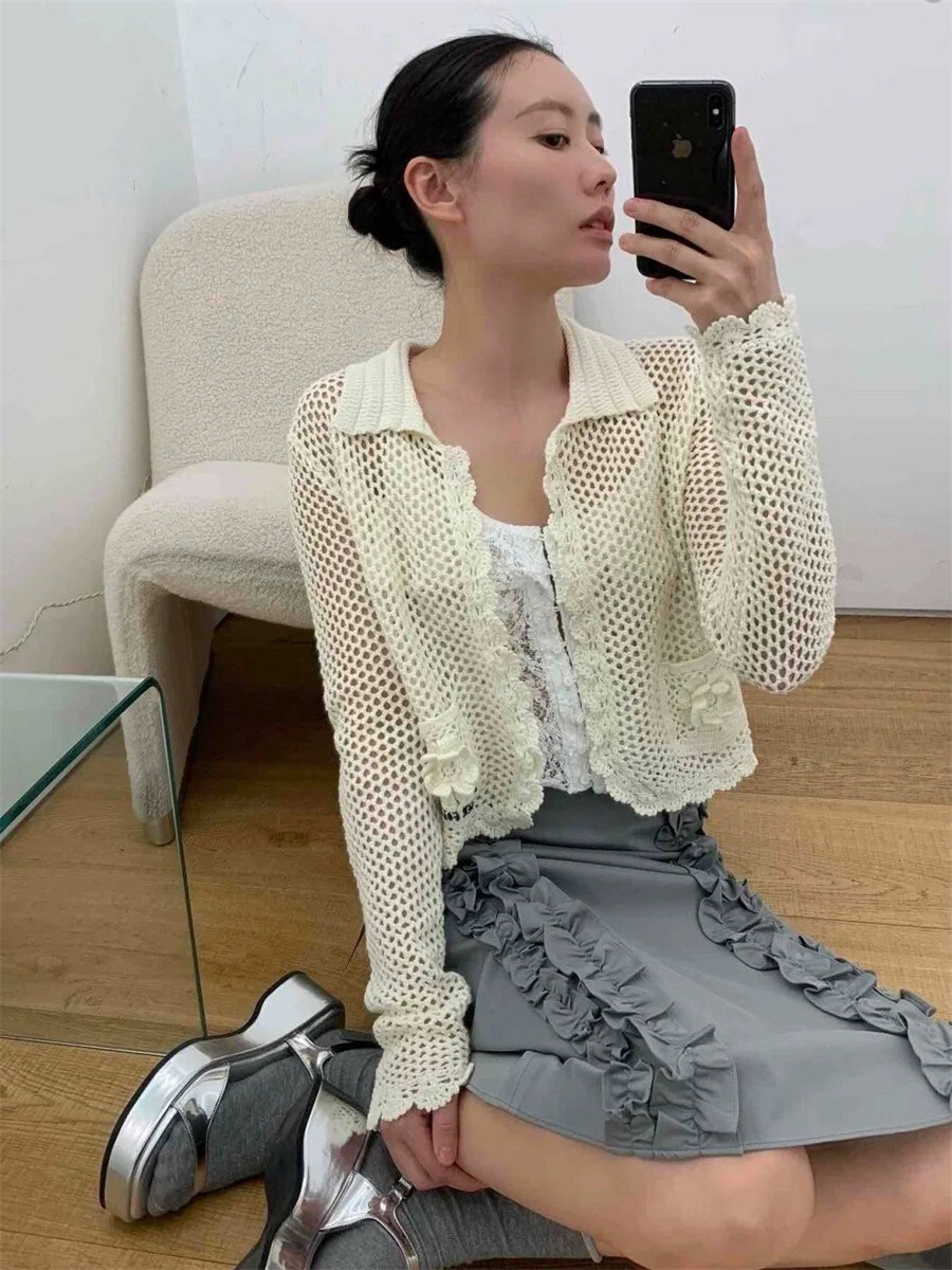 Suhoo韩国2025春镂空钩花针织开衫上衣防晒空调衫