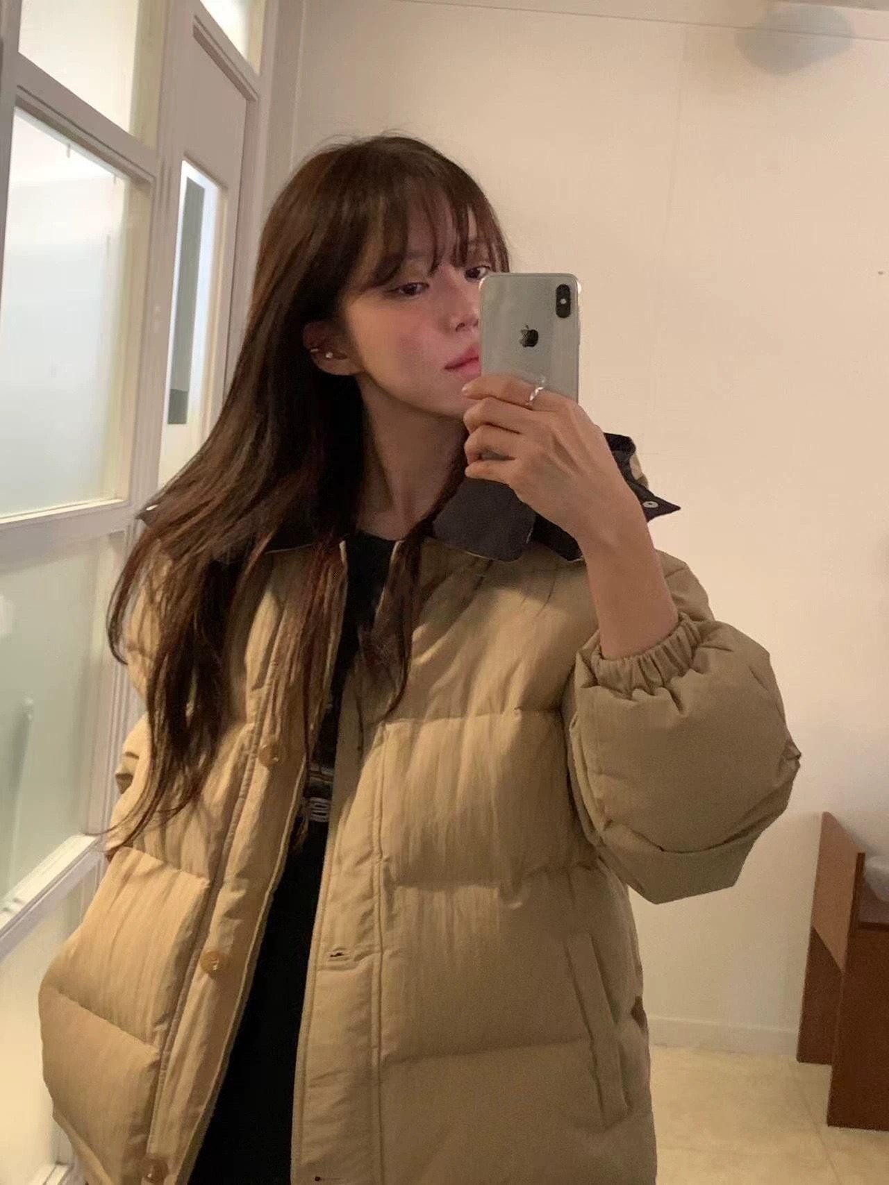 韩国object双面穿90白鸭绒羽绒服女连帽宽松显瘦保暖棉服外套