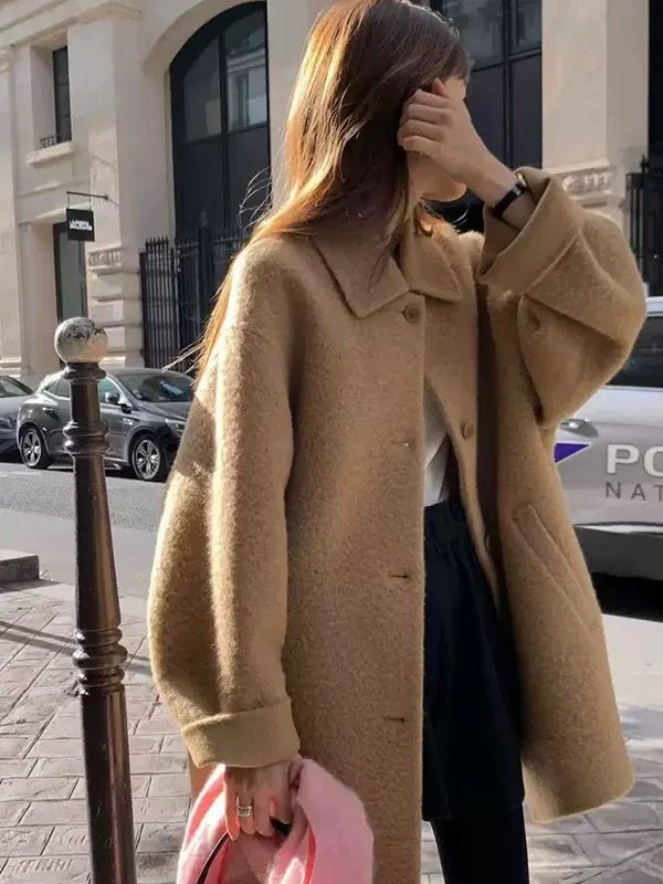 韩国ounce秋冬新款女翻领系扣苏力羊毛中长款大衣驼色黑色外套