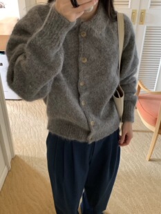 秒发韩国lerobe美娜家baby蓝色圆领针织开衫女单排扣毛衣外搭外套