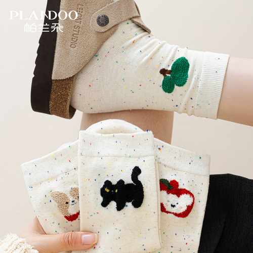 点子纱卡通纯棉纱线中筒袜女