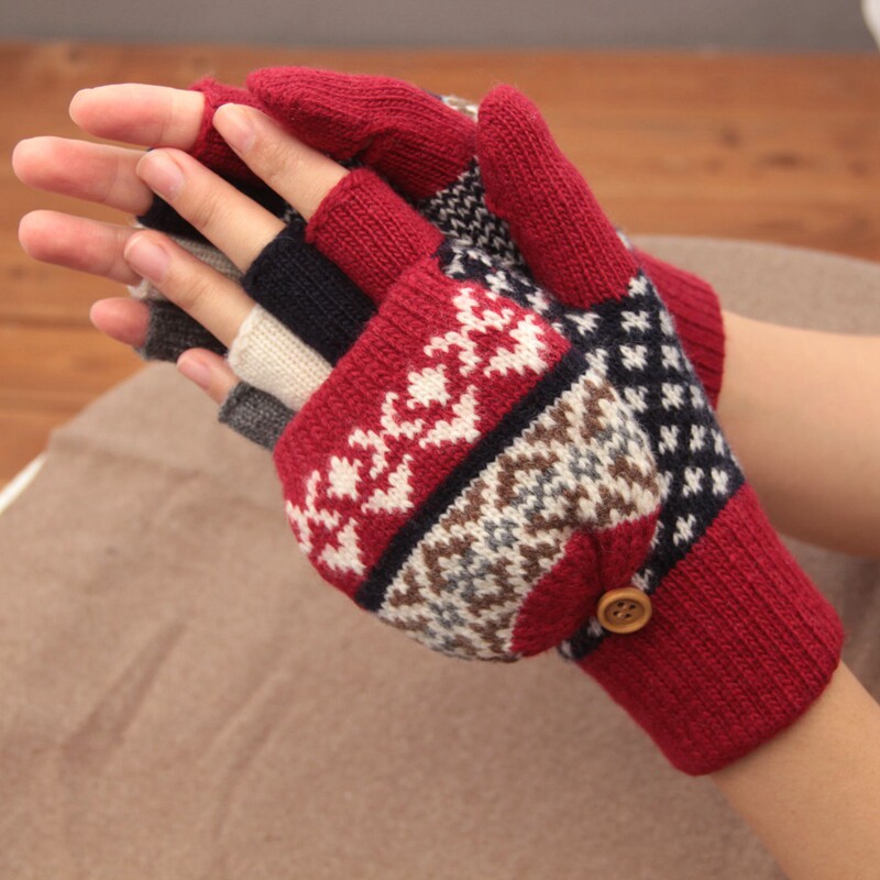 翻盖半指加绒加厚女羊毛针织手套