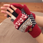 出口日本羊毛翻盖加绒手套学生写字保暖女冬季 民族风手套文艺半指