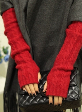 日本女冬加厚保暖羊毛针织长款手套袖套露指臂套搭配斗篷新年红色