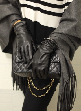 皮手套女冬加绒加厚防寒骑车户外保暖手套PU简约百搭手套皱褶气质