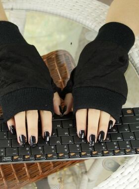 日本手套男半指羊皮加绒加厚保暖露指手套学生写字冬季防寒黑色