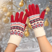 日本圣诞礼物红色羊毛针织手套加绒加厚触屏分指气质百搭防寒女冬