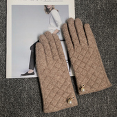 法式 小香风羊毛手套女冬天加绒加厚保暖触屏手套气质菱格珍珠手套