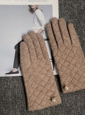 法式小香风羊毛手套女冬天加绒加厚保暖触屏手套气质菱格珍珠手套