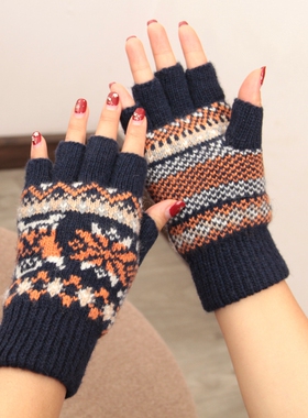 日本双层加绒加厚羊毛手套半指雪花卡通猫头鹰学生写字露指女保暖