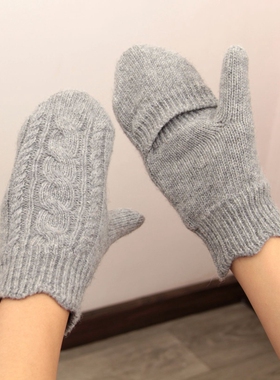 日本客订单双层羊毛加绒加厚保暖全包指连指手套女冬文艺素色绞花