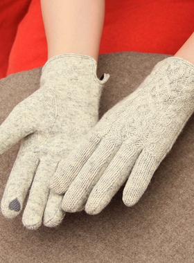 日本羊毛手套女冬保暖加绒加厚触屏手套针织麻花简约文艺手套分指