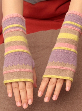 日本客单羊毛彩线针织半长款手套袖套薄款少女心手套学生写字半指