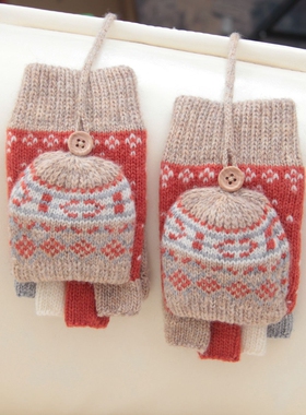 日本羊毛儿童学生写字半指手套双层加绒加厚保暖翻盖手套可爱红色