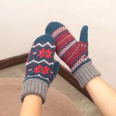 日本全包指羊毛双层加绒加厚手套户外防寒保暖连指女冬拼色枫叶