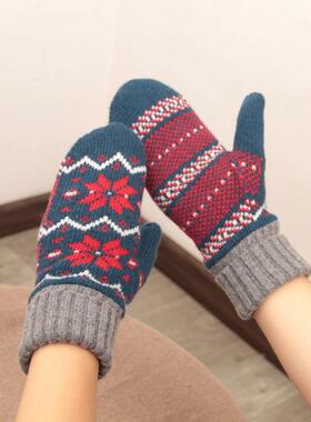 日本全包指羊毛双层加绒加厚手套户外防寒保暖连指女冬拼色枫叶