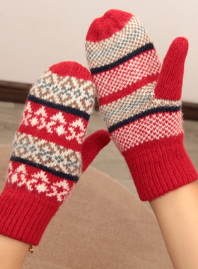 日本羊毛针织全包指加绒加厚保暖手套复古花纹女秋冬骑车防寒学生