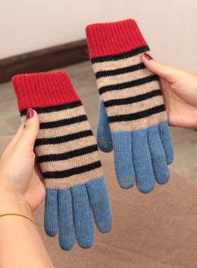 ins风日系羊毛针织条纹冬季保暖手套女加厚防寒保暖触屏分指户外