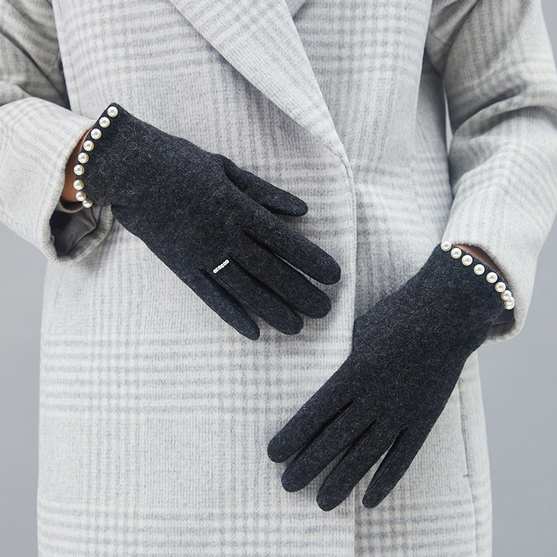 韩国羊毛珍珠骑车防寒分指手套