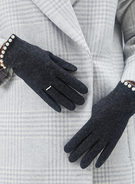 韩国女冬羊毛加绒触屏手套气质珍珠戒指分指手套骑车保暖防寒五指