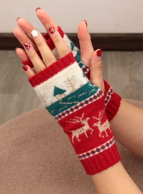 ins风日本红色圣诞树小鹿羊毛针织半指手套学生写字可爱卡通薄款