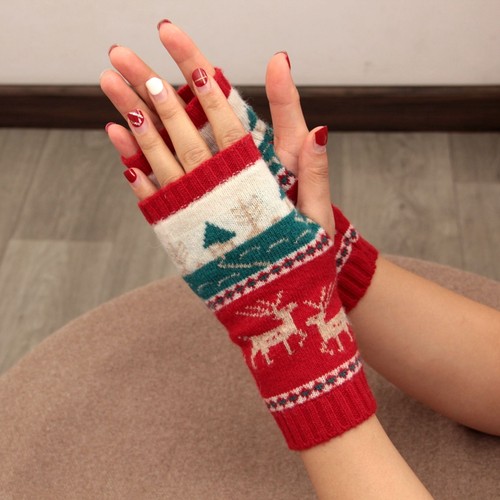 圣诞小鹿女羊毛薄款半指手套写字
