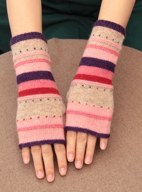ins日本森女系半指羊毛手套针织薄款保暖露指冬可爱少女粉色条纹