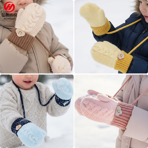 儿童全包加绒加厚保暖手套挂脖冬