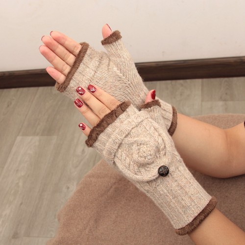 羊毛加绒半截露指翻盖手套保暖女