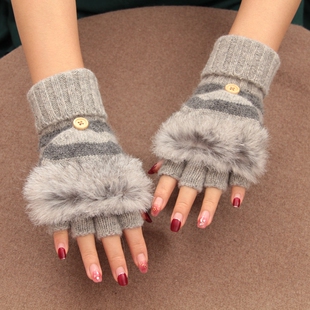 日本翻盖兔羊毛半指手套露指条纹学生写字女冬保暖不加绒文艺针织