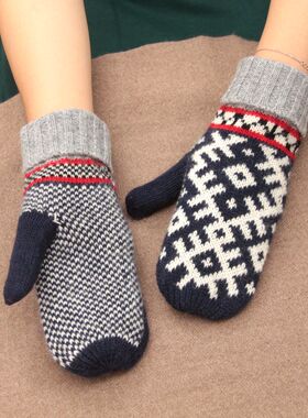 ins日本客单羊毛全包指连指手套秋冬女保暖户外菱格手套文艺针织