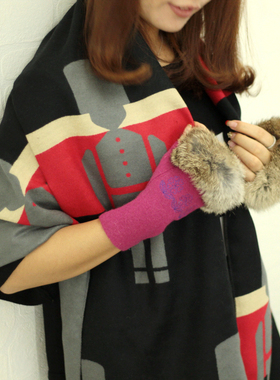 日本兔毛口羊毛手套女冬保暖半指学生写字手套绣花文艺手套气质款