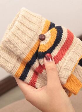 日本羊毛翻盖加绒加厚保暖手套学生写字撞色条纹夹花针织半指露指