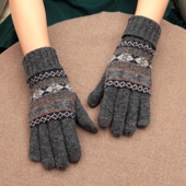 户外保暖骑车 冬季 日本客单羊毛针织复古花纹薄款 手套分指触屏男士