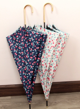 日系超轻长柄小弯钩樱桃黑胶伞防晒防紫外线晴雨两用遮阳可爱直柄