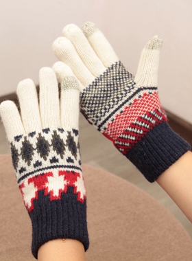 日本羊毛加绒加厚保暖手套森系复古花纹圣诞风分指触屏女冬防寒