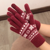 日本无印风红色雪花羊毛针织手套加绒加厚保暖分指触屏户外防寒女