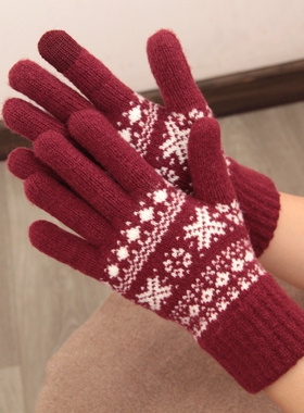 日本无印风红色雪花羊毛针织手套加绒加厚保暖分指触屏户外防寒女