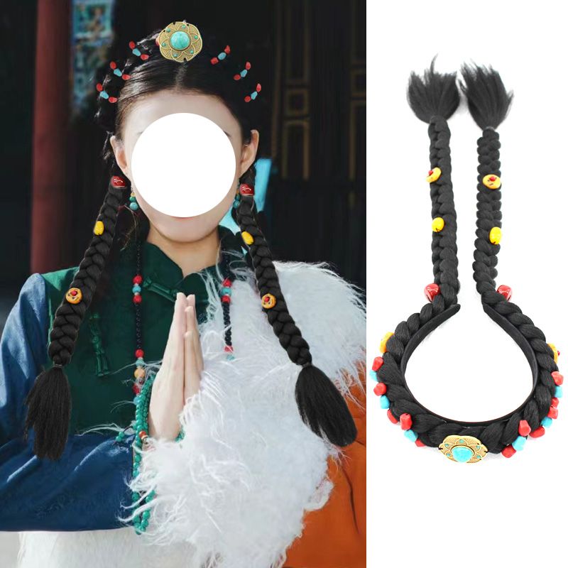 藏风配饰宝石麻花辫女藏族头饰饰品 蜜蜡松石民族风手工假发辫子