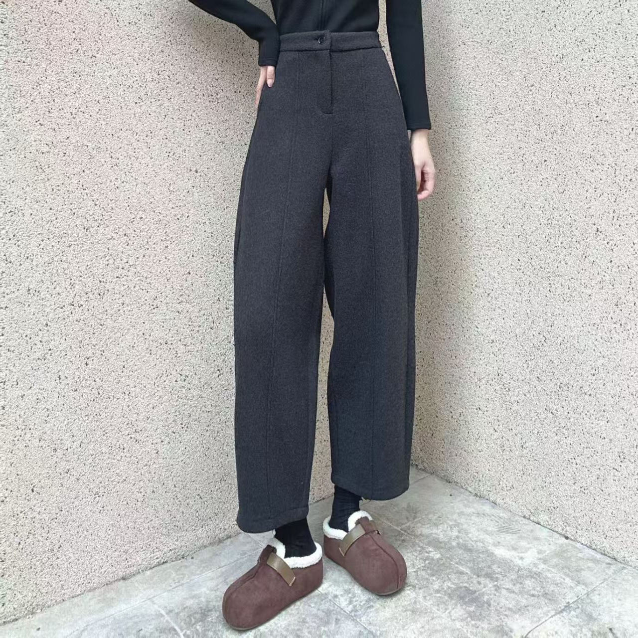 商场正品直筒加绒羊绒毛呢裤女冬季2025新款气球裤休闲九分奶奶裤