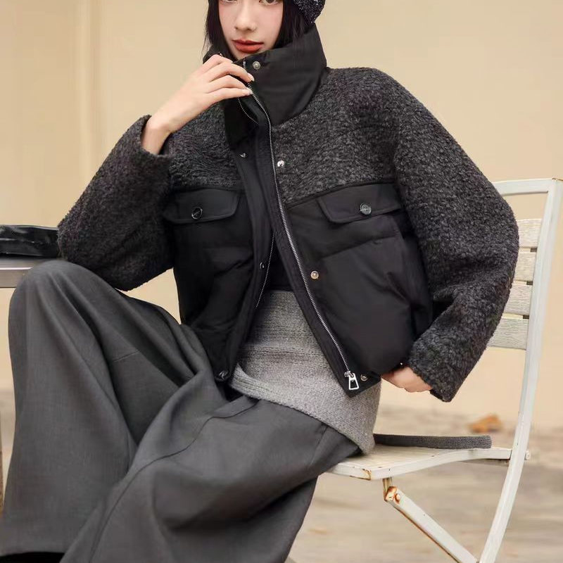 商场依歌贝诺羽绒服女2025冬季新款羊羔毛拼接棉衣白鸭绒立领外套