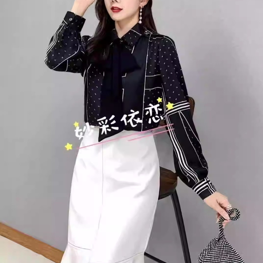 专柜正品显瘦时尚小众可拆卸领带几何字母印花飘带春装长袖衬衫女
