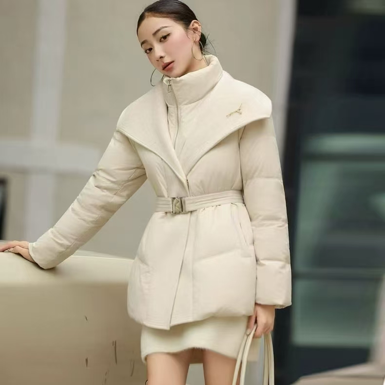 商场正品可可锐丽女2025冬季双层毛呢大翻领腰带收腰羽绒服外套