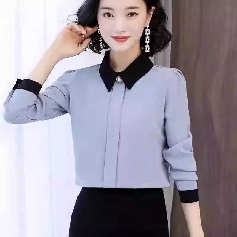 专柜正品衬衫上衣女2026春秋新款拼色钉珠娃娃领雪纺长领时尚新风